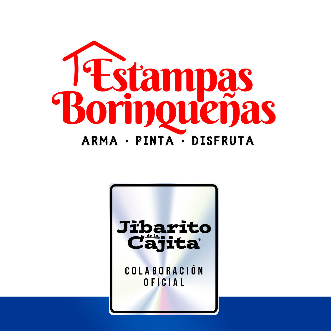 Gráfico tipo sello que anuncia la colaboración oficial entre las marcas puertorriqueñas Estampas Borinqueñas y Jibarito de la Cajita, mostrando ambos logotipos.