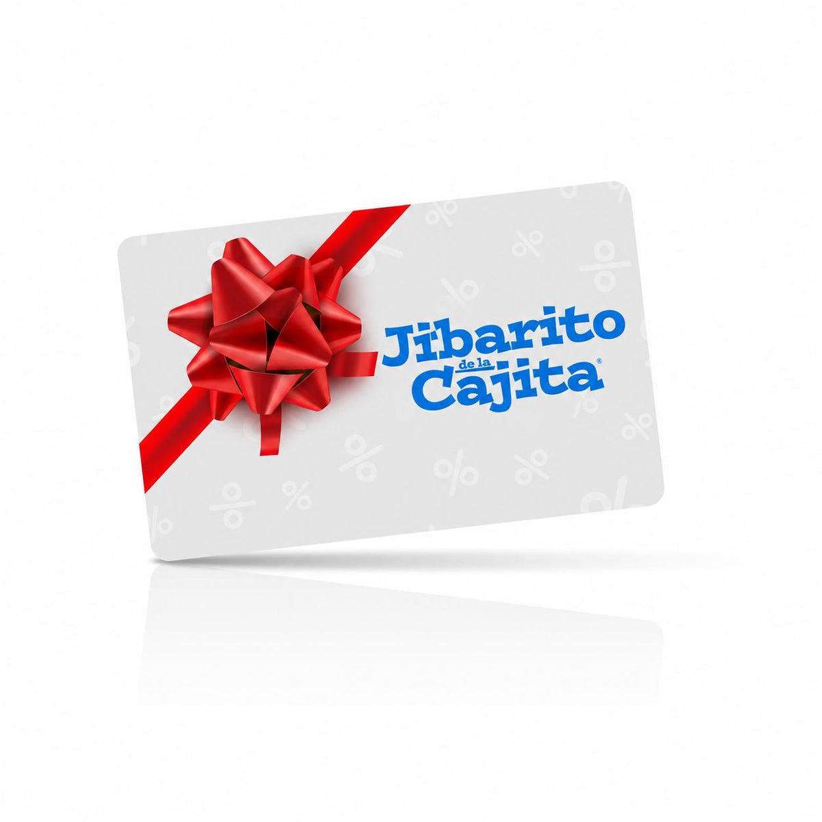 Fotografía de la tarjeta de regalo de Jibarito de la Cajita en color blanco con el logotipo azul de la marca, decorada con un moño rojo de regalo.
