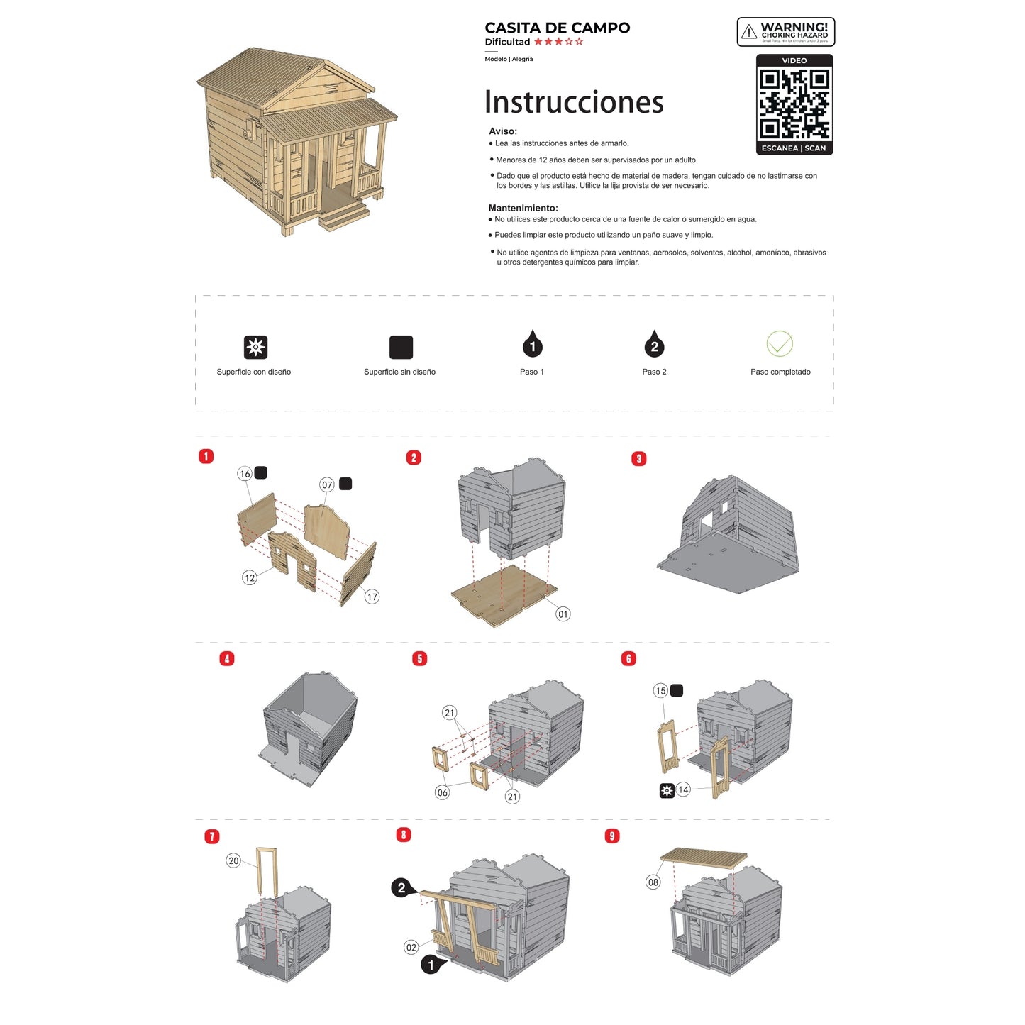 Primera página del manual de instrucciones ilustrado para la Casita de Campo Alegría, mostrando el inventario de las 35 piezas de madera precortadas y los primeros pasos básicos de ensamblaje.