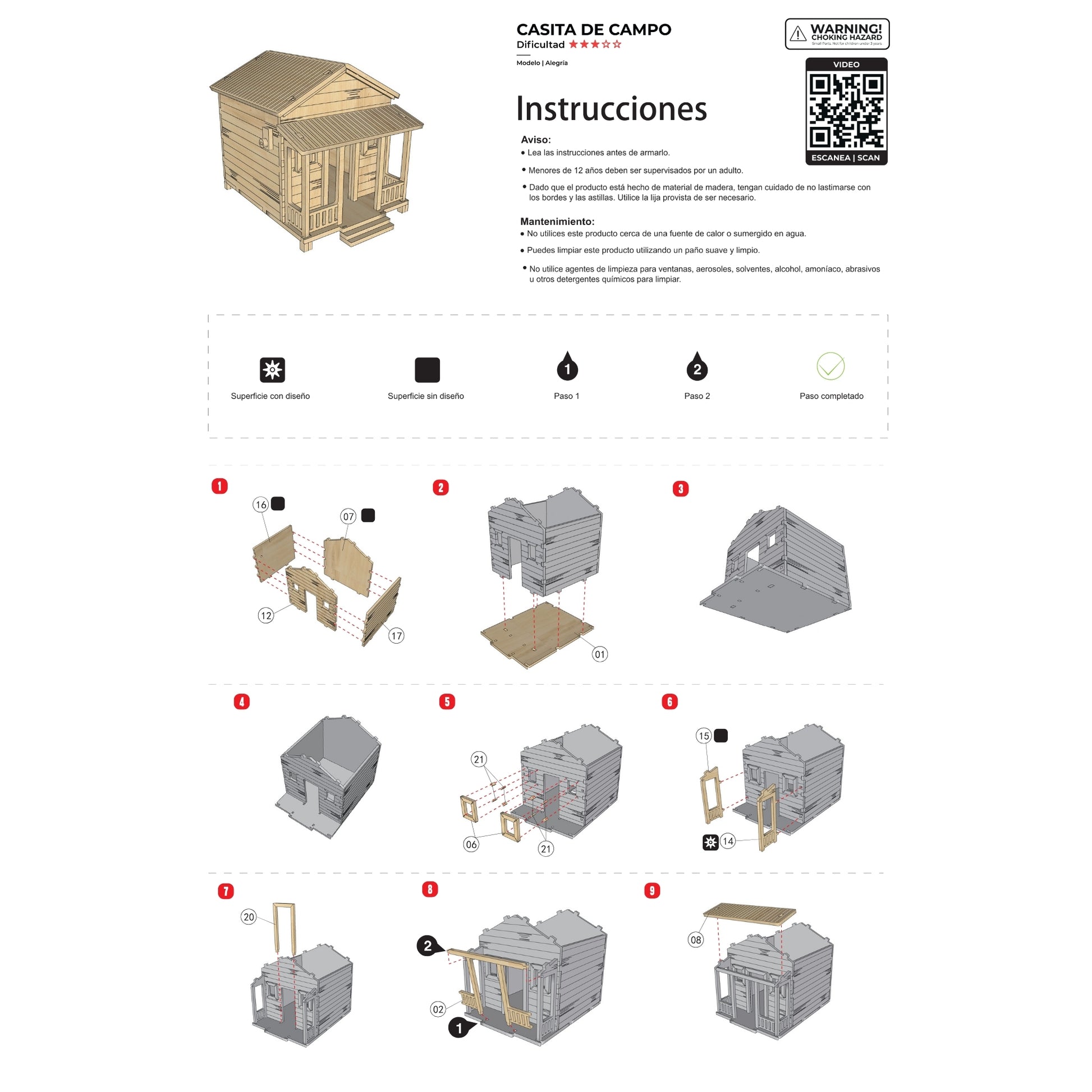 Primera página del manual de instrucciones ilustrado para la Casita de Campo Alegría, mostrando el inventario de las 35 piezas de madera precortadas y los primeros pasos básicos de ensamblaje.
