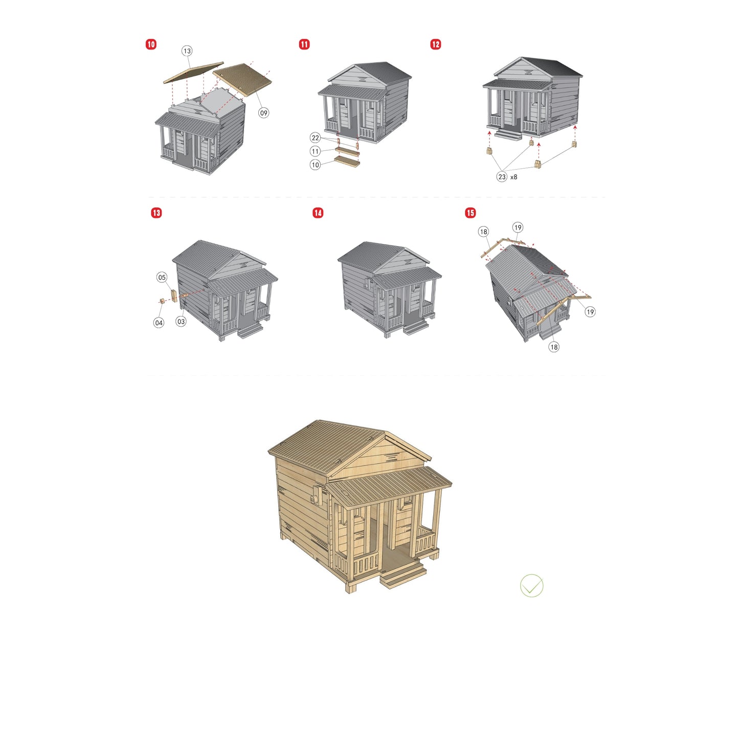 Segunda página del manual de instrucciones de la Casita de Campo Alegría, detallando los pasos finales de construcción para cerrar la estructura de madera y prepararla para la fase de pintura.