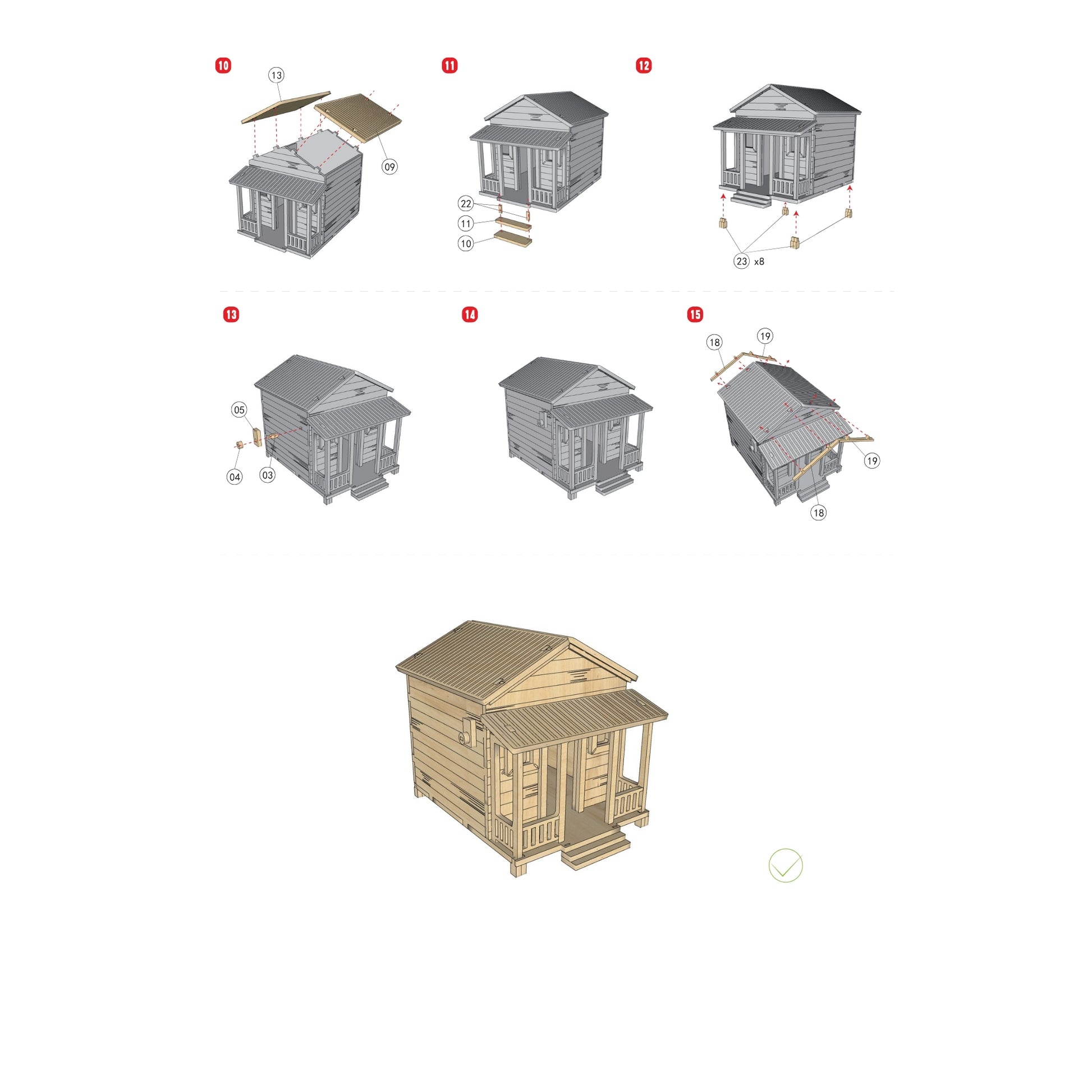 Segunda página del manual de instrucciones de la Casita de Campo Alegría, detallando los pasos finales de construcción para cerrar la estructura de madera y prepararla para la fase de pintura.