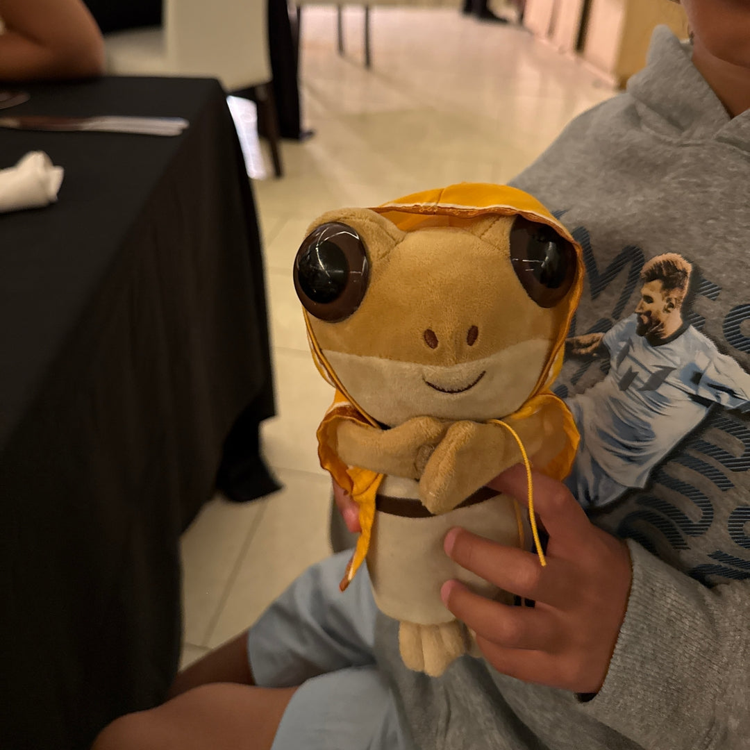 Foto de reseña donde aparece un niño feliz sosteniendo y abrazando su peluche de Don Coquí, demostrando su tamaño de 8 pulgadas y su textura suave ideal para jugar.
