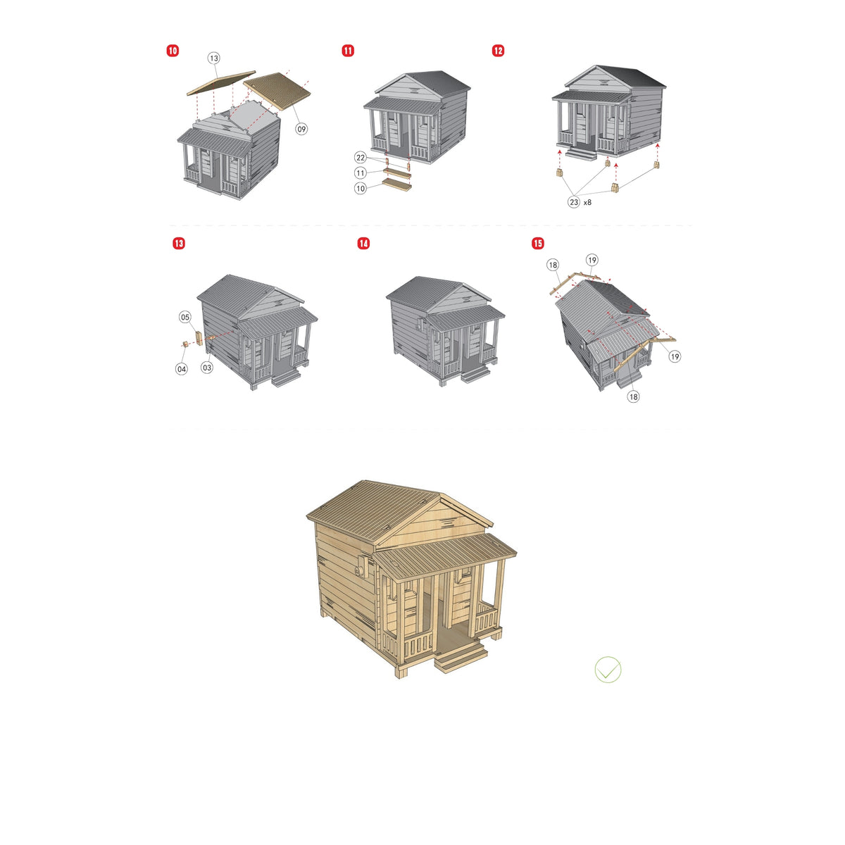 Segunda página del manual de instrucciones de la Casita de Campo Alegría, detallando los pasos finales de construcción para cerrar la estructura de madera y prepararla para la fase de pintura.