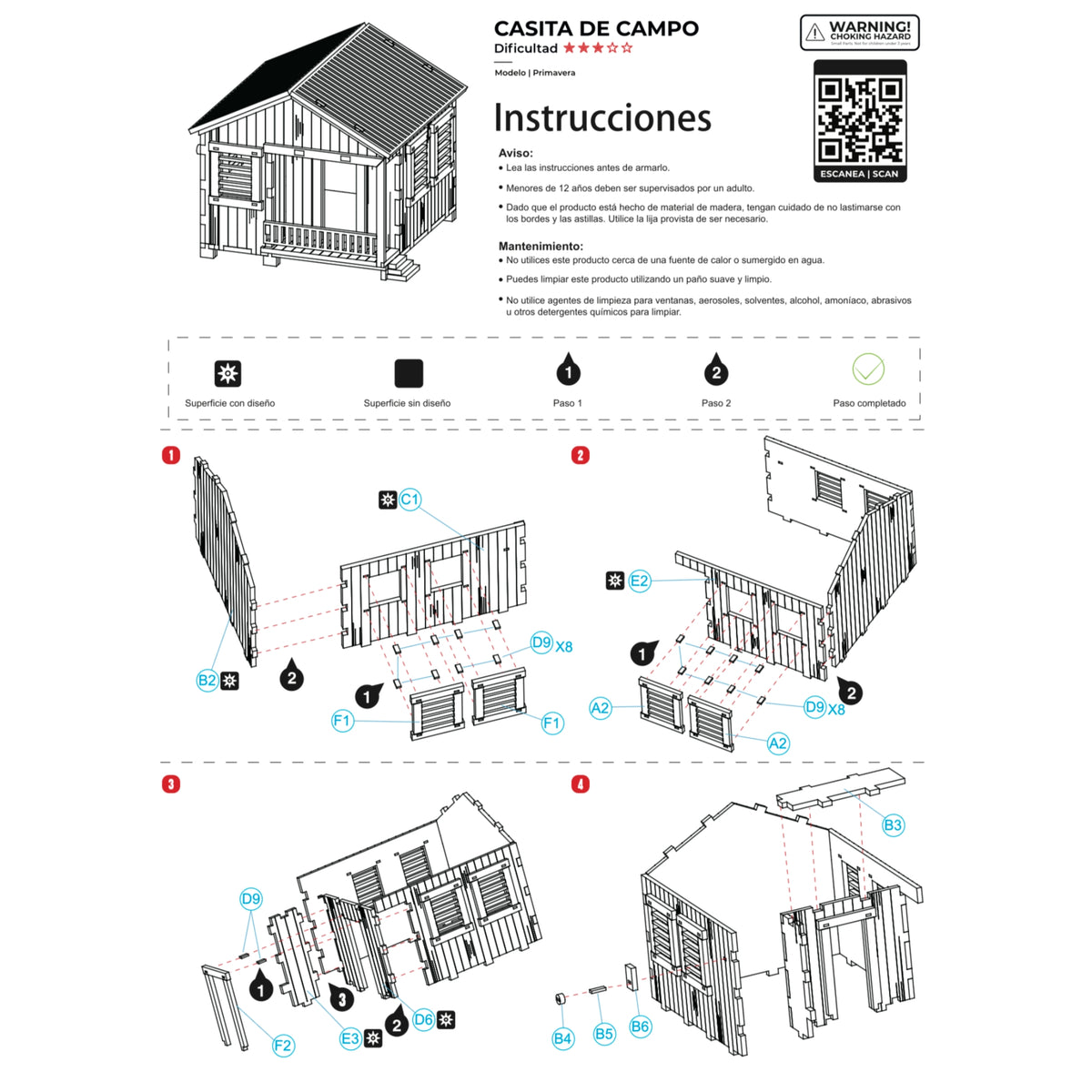 Fotografía de estudio de la primera página del manual de instrucciones de La Casita de Campo Modelo Primavera, mostrando los pasos ilustrados del 1 al 4 para ensamblar las paredes y ventanas.
