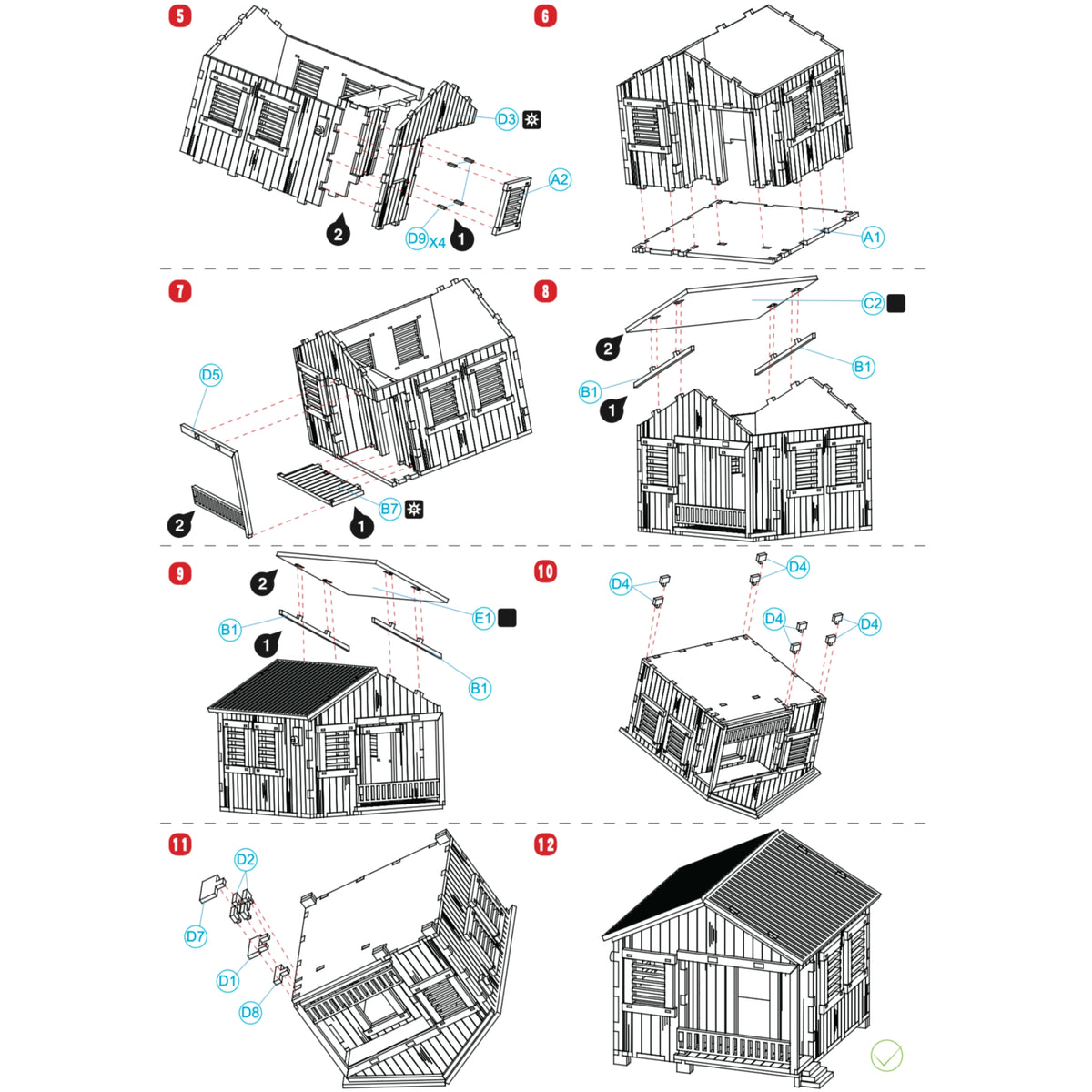 Fotografía de estudio de la segunda página del manual de instrucciones de La Casita de Campo Modelo Primavera, mostrando los pasos ilustrados del 5 al 12 para completar el techo, el balcón y la estructura final.