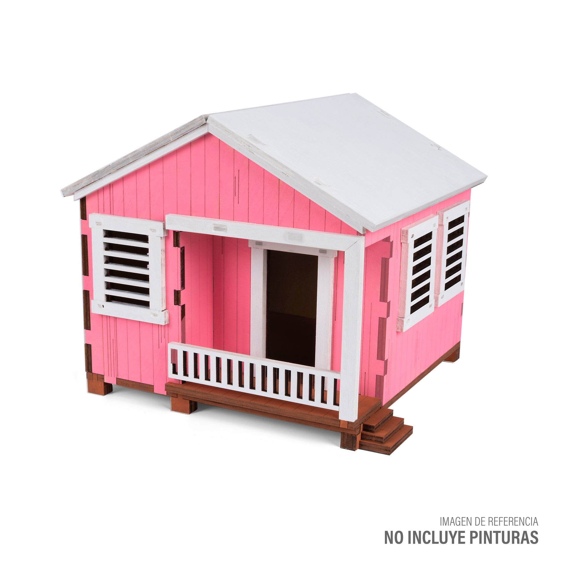 Fotografía de estudio de la manualidad Casita de Campo Modelo Primavera completamente ensamblada y pintada en rosa con techo y detalles blancos.