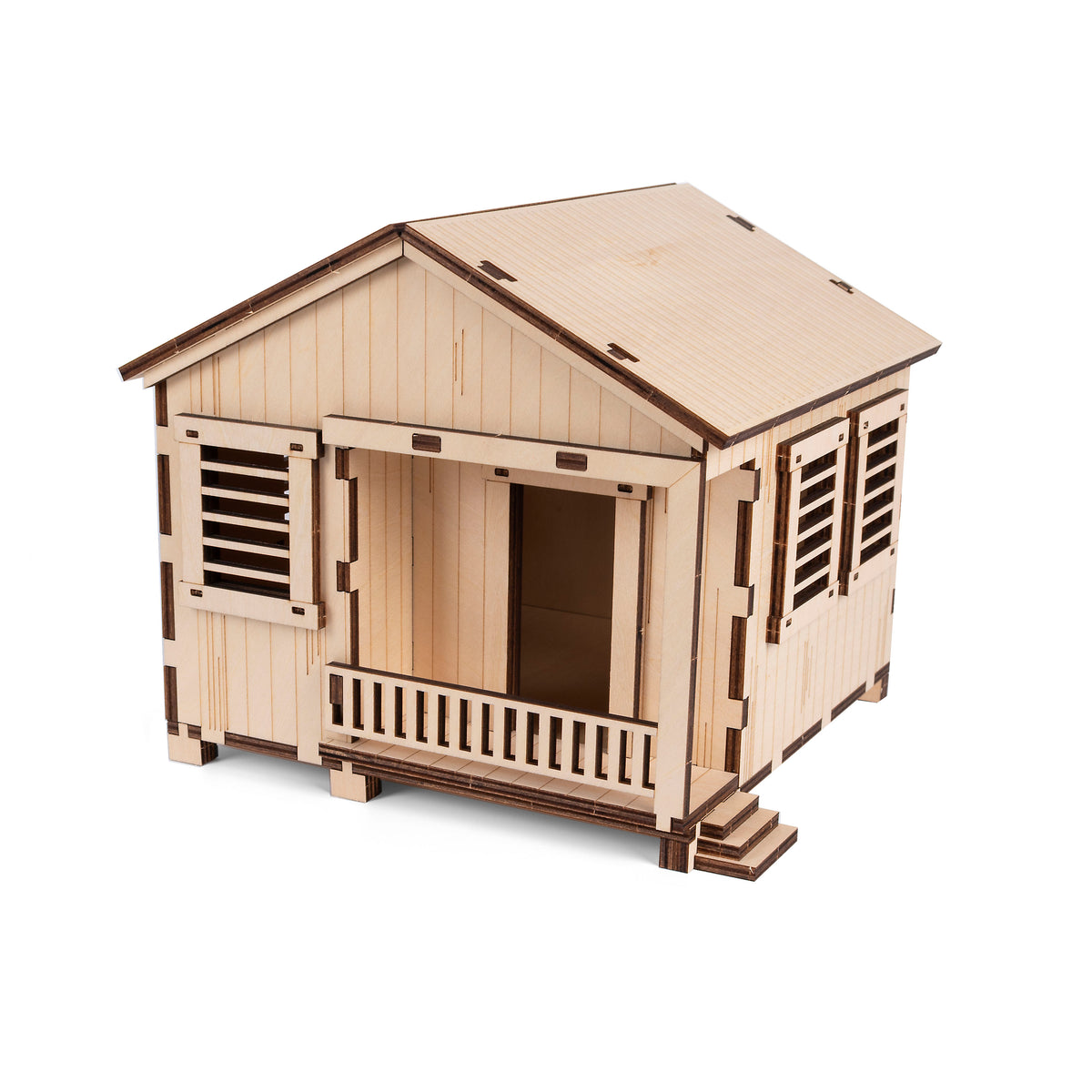 Fotografía de estudio de la manualidad Casita de Campo Modelo Primavera en su acabado natural de madera sin pintar, mostrando la estructura completa antes de personalizar.