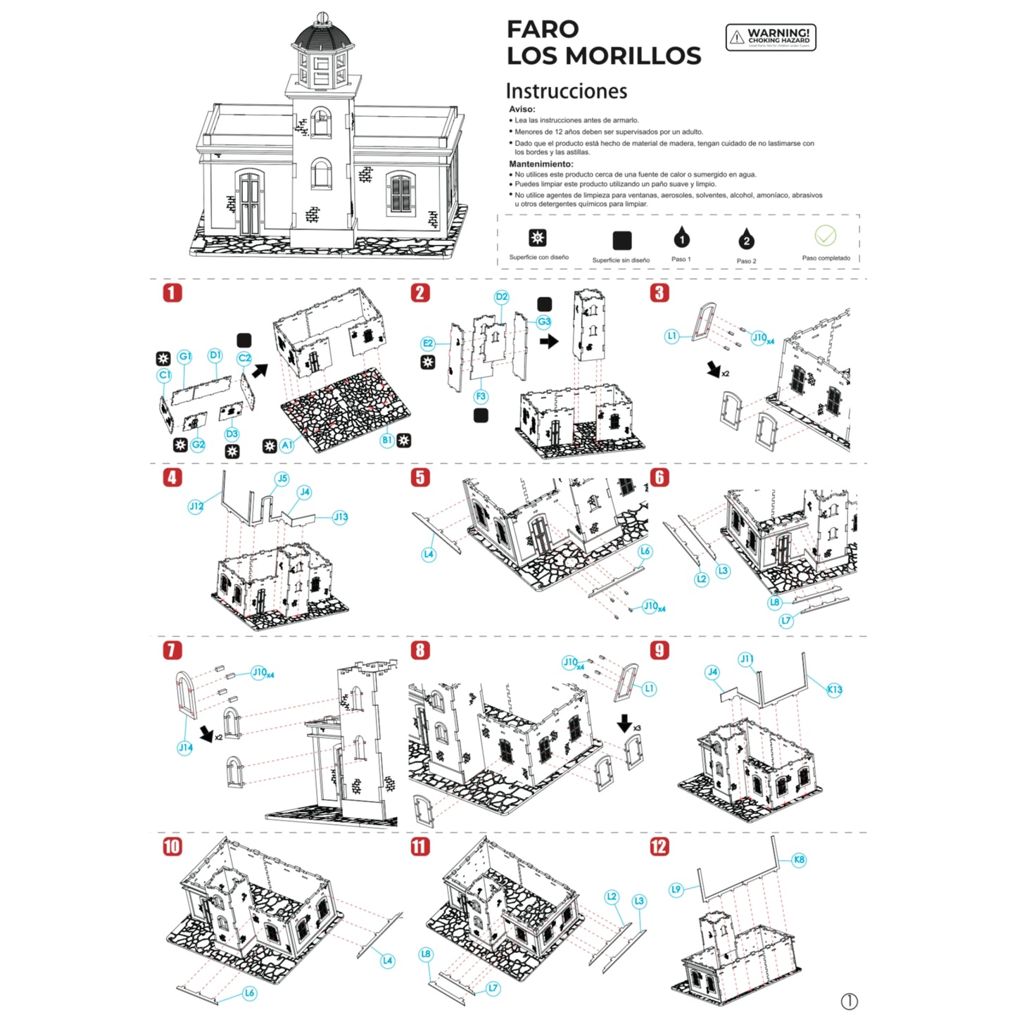 Fotografía de estudio de la primera página del manual de instrucciones de El Faro Los Morrillos, mostrando los pasos ilustrados del 1 al 12 para ensamblar la base y las paredes principales.