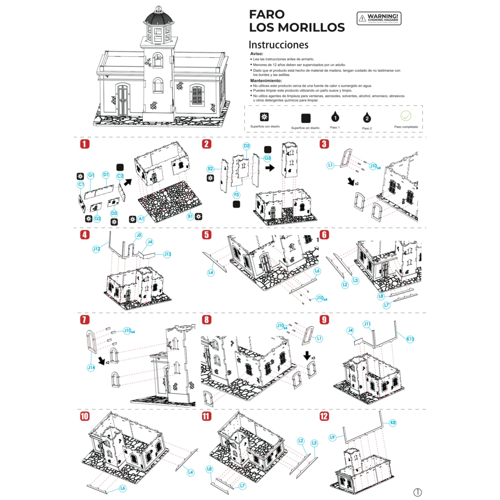 Fotografía de estudio de la primera página del manual de instrucciones de El Faro Los Morrillos, mostrando los pasos ilustrados del 1 al 12 para ensamblar la base y las paredes principales.
