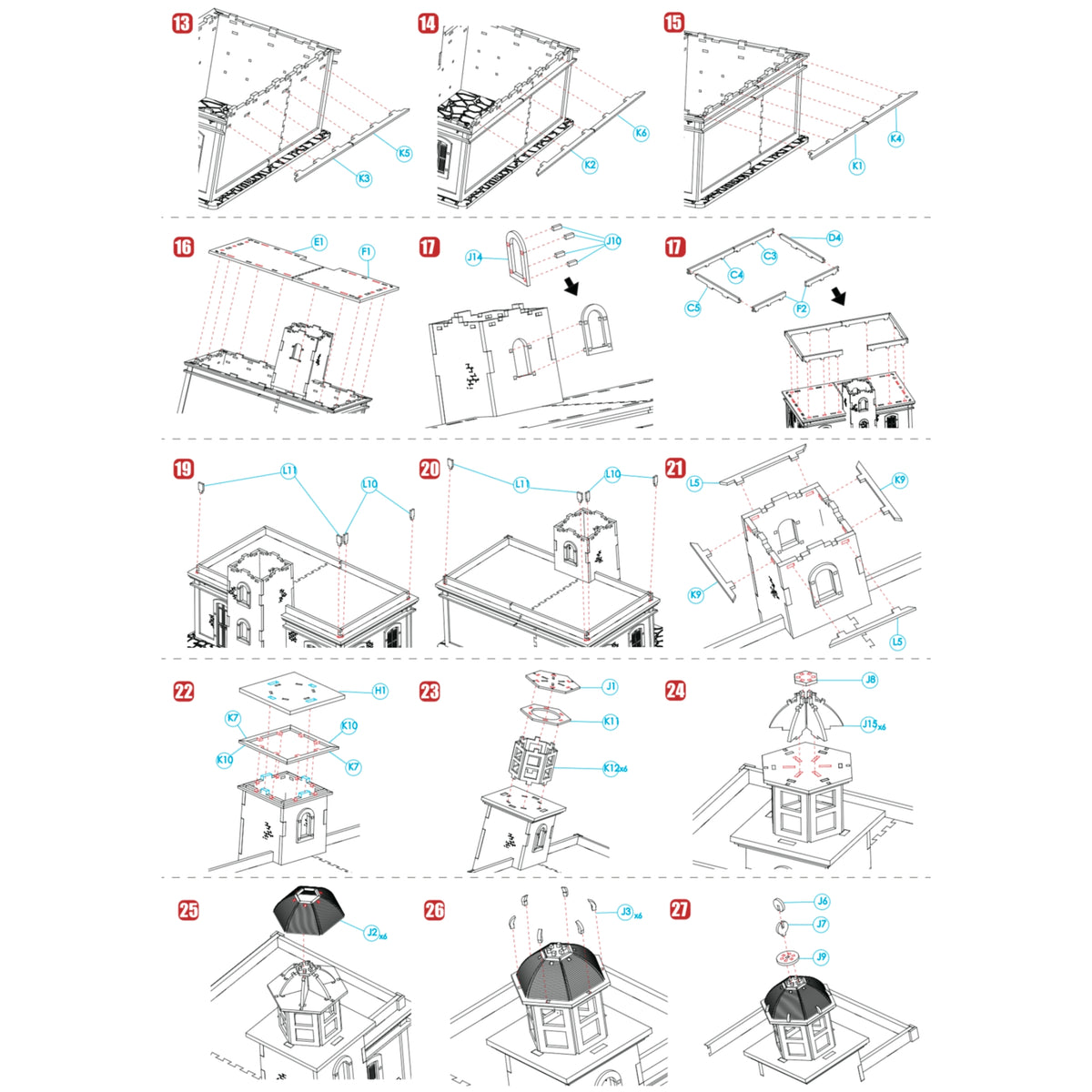 Fotografía de estudio de la segunda página del manual de instrucciones de El Faro Los Morrillos, mostrando los pasos ilustrados del 13 al 27 para completar el techo y la torre del faro.
