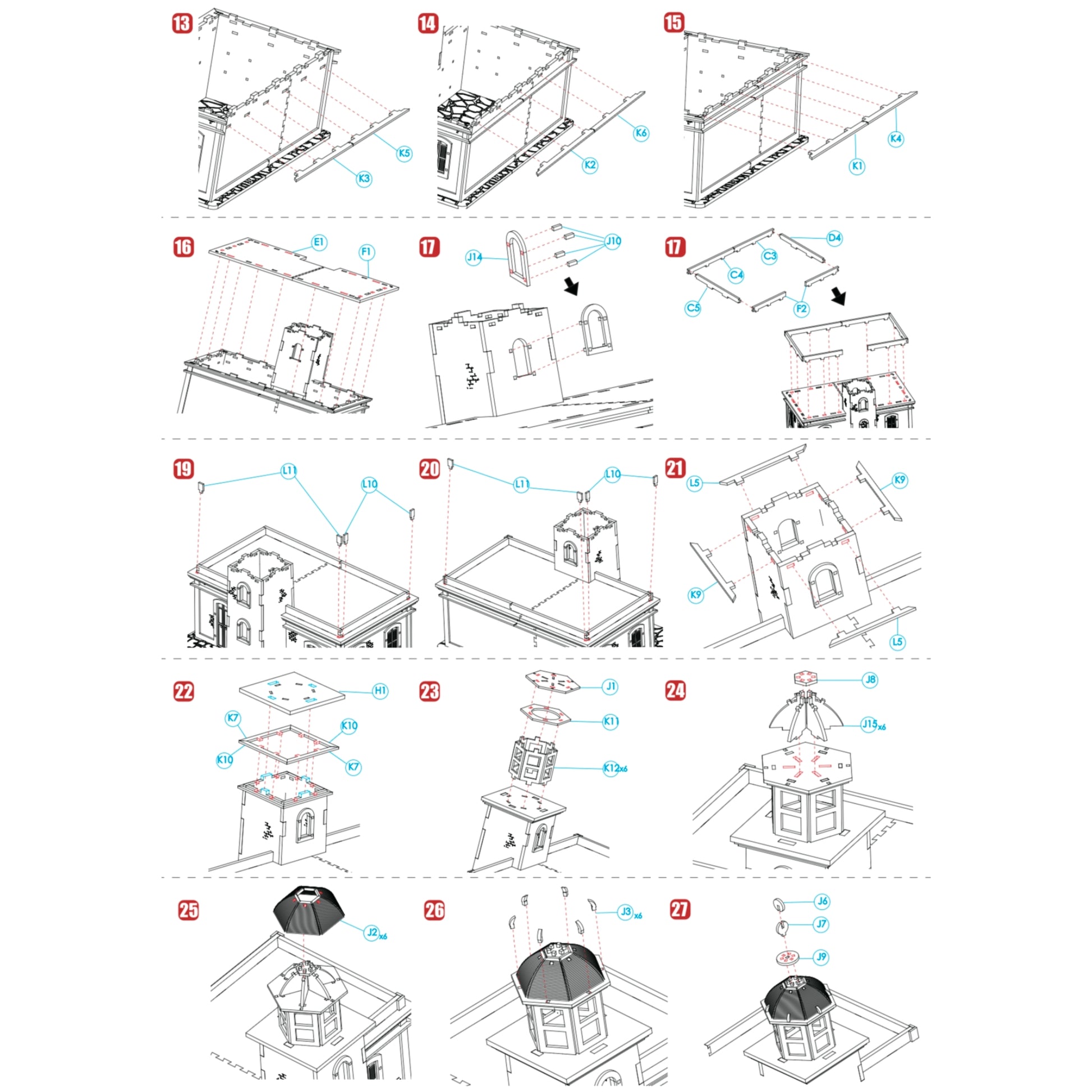 Fotografía de estudio de la segunda página del manual de instrucciones de El Faro Los Morrillos, mostrando los pasos ilustrados del 13 al 27 para completar el techo y la torre del faro.