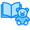 Ícono azul de un libro abierto junto a un osito de peluche.