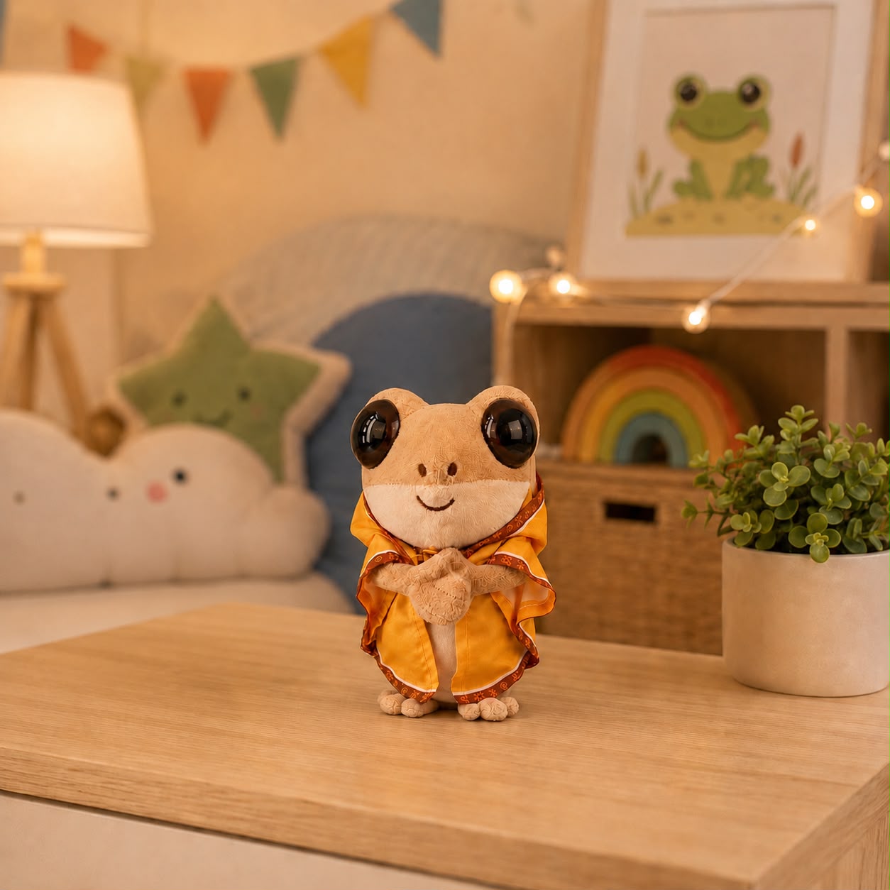 Fotografía de estilo de vida del peluche de Don Coquí sobre una mesa de madera en una habitación infantil decorada con luces, banderines y una ilustración de rana, mostrando su túnica color mostaza con bordados detallados.