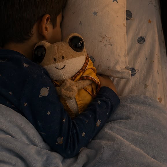 Fotografía de estilo de vida de un niño durmiendo mientras abraza el peluche de Don Coquí, mostrando su suave textura y túnica color mostaza, ideal para acompañar a los más pequeños a la hora de dormir.