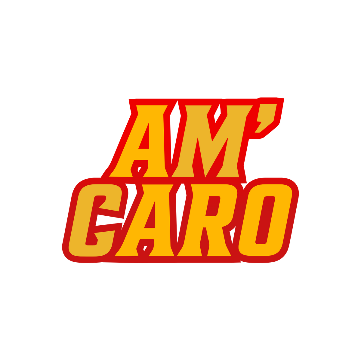 Logotipo de AM CARO en letras amarillas en negrita con contorno rojo, con el nombre en dos líneas.