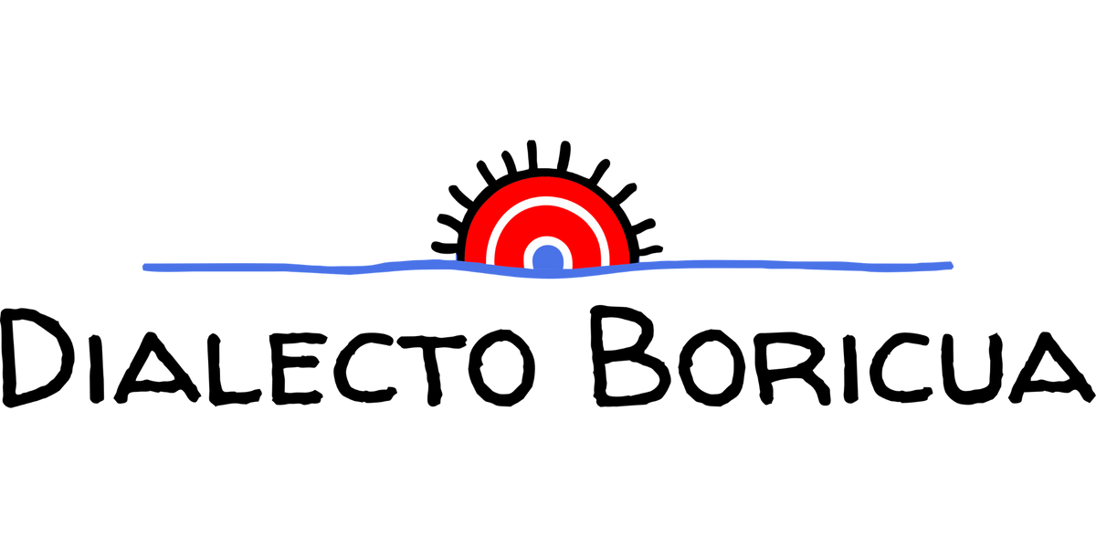 Logotipo de Dialecto Boricua con un sol rojo, blanco y azul saliendo sobre una línea azul y el nombre escrito debajo en letras negras.