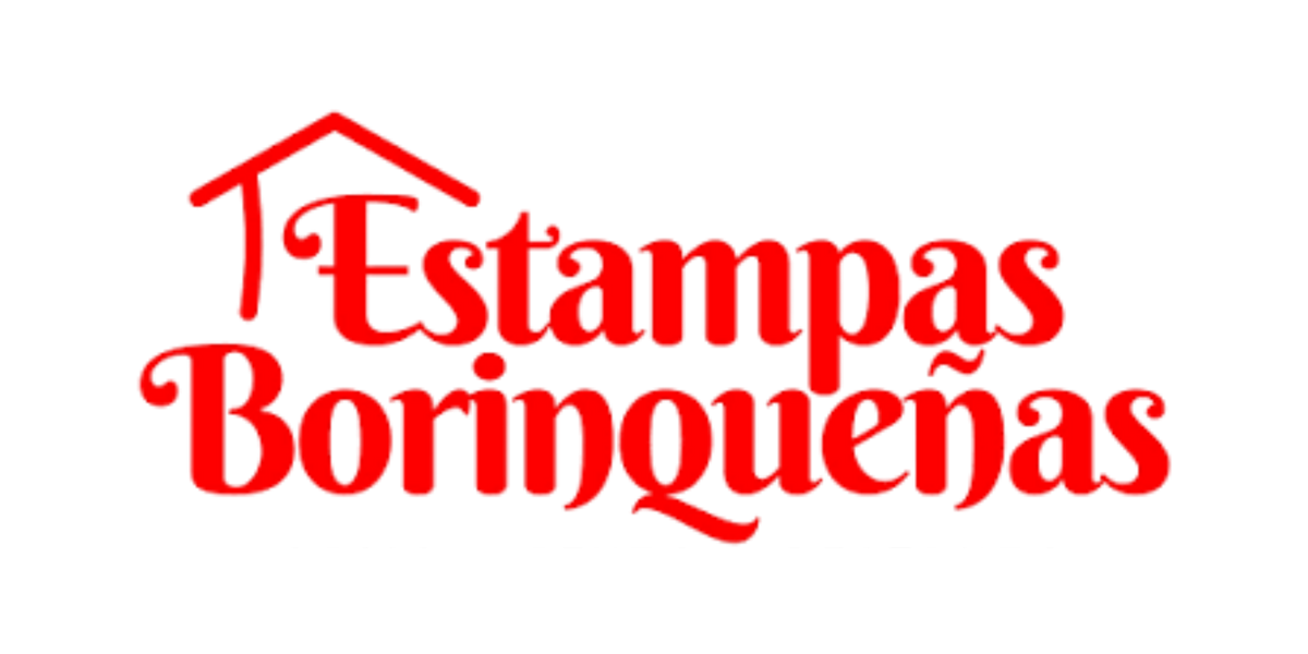 Logotipo de Estampas Borinqueñas en letras rojas con un techo de casita dibujado sobre el nombre.