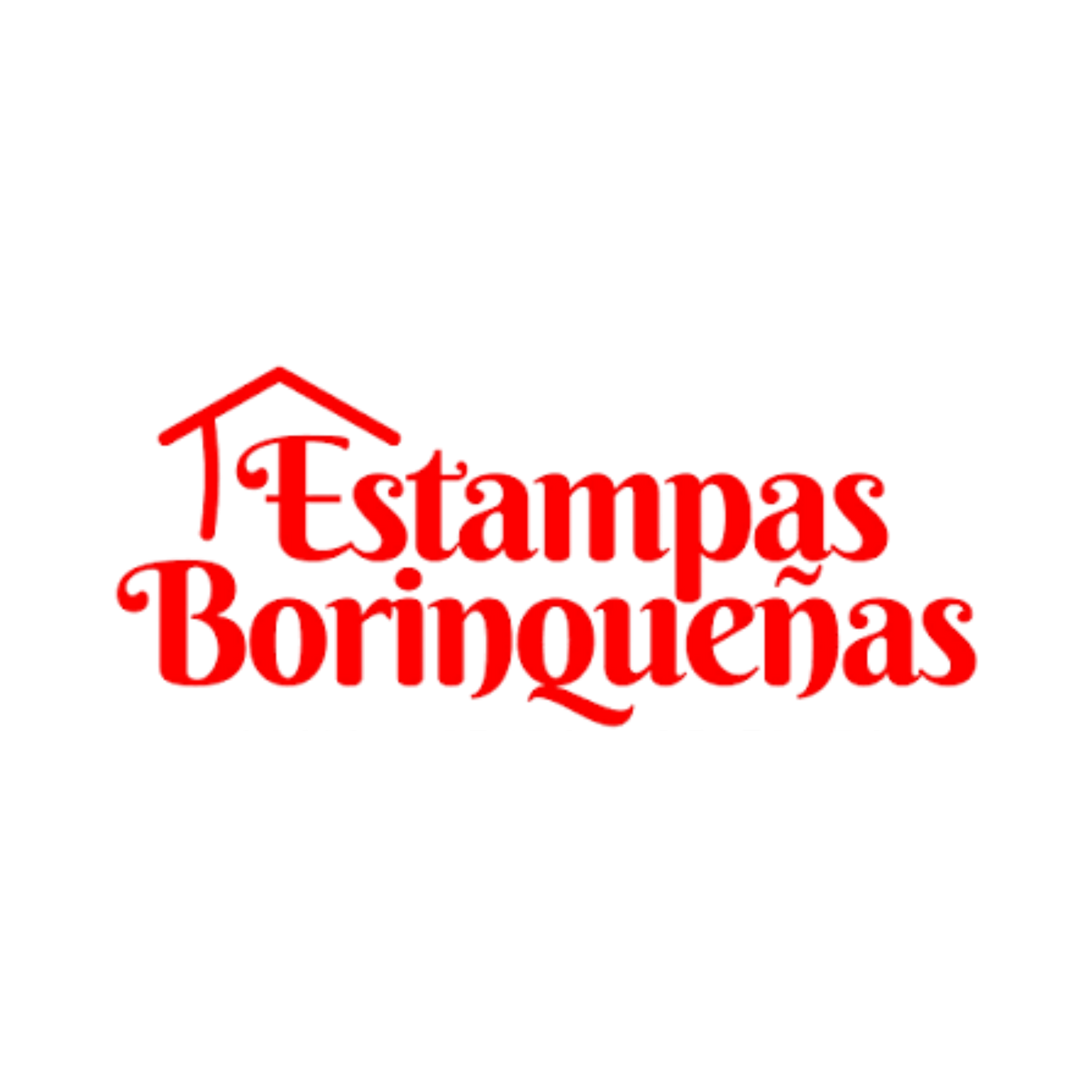 Logotipo de Estampas Borinqueñas en letras rojas con un techo de casita dibujado sobre el nombre.