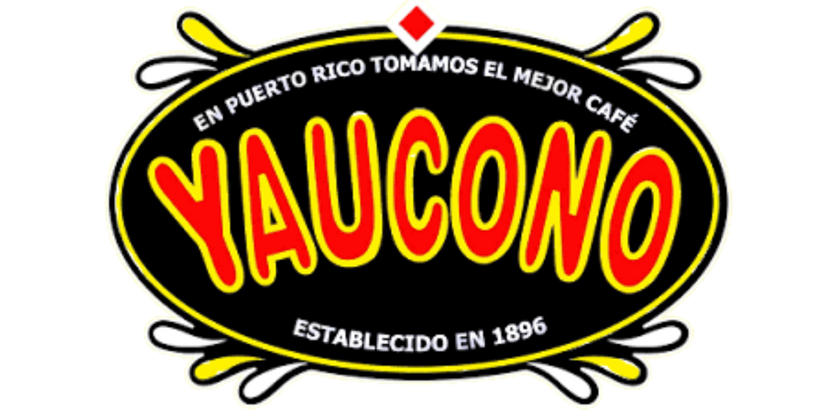 Logotipo de Yaucono, óvalo negro con el nombre en letras rojas con borde amarillo y los textos "En Puerto Rico tomamos el mejor café" y "Establecido en 1896".