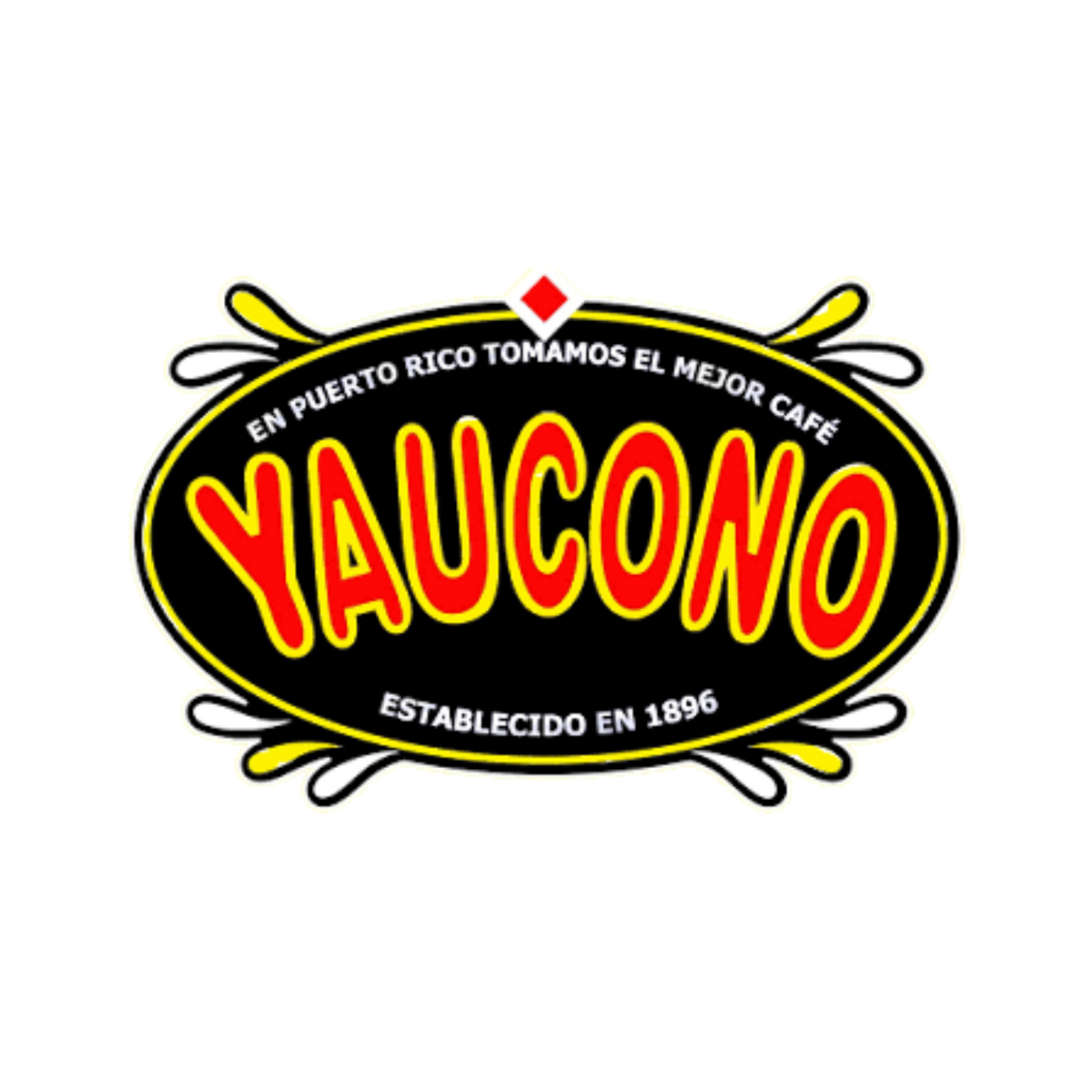 Logotipo de Yaucono, óvalo negro con el nombre en letras rojas con borde amarillo y los textos "En Puerto Rico tomamos el mejor café" y "Establecido en 1896".