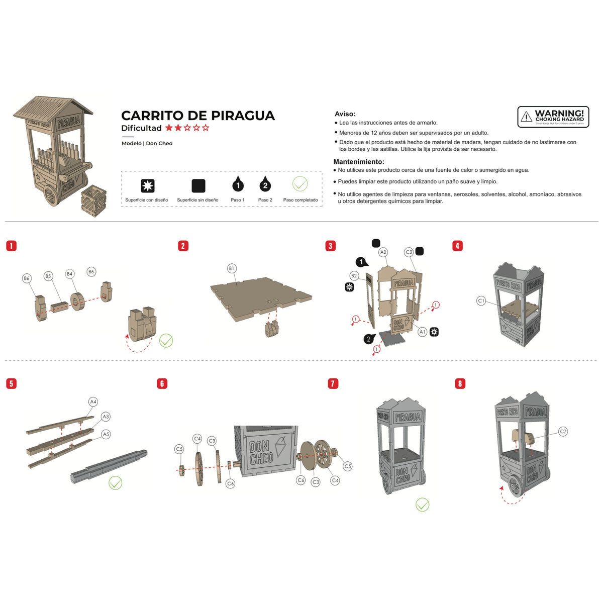 Fotografía de estudio de la primera página del manual de instrucciones de El Piragüero Modelo Don Cheo, mostrando los pasos ilustrados del 1 al 8 para ensamblar la estructura y las ruedas.