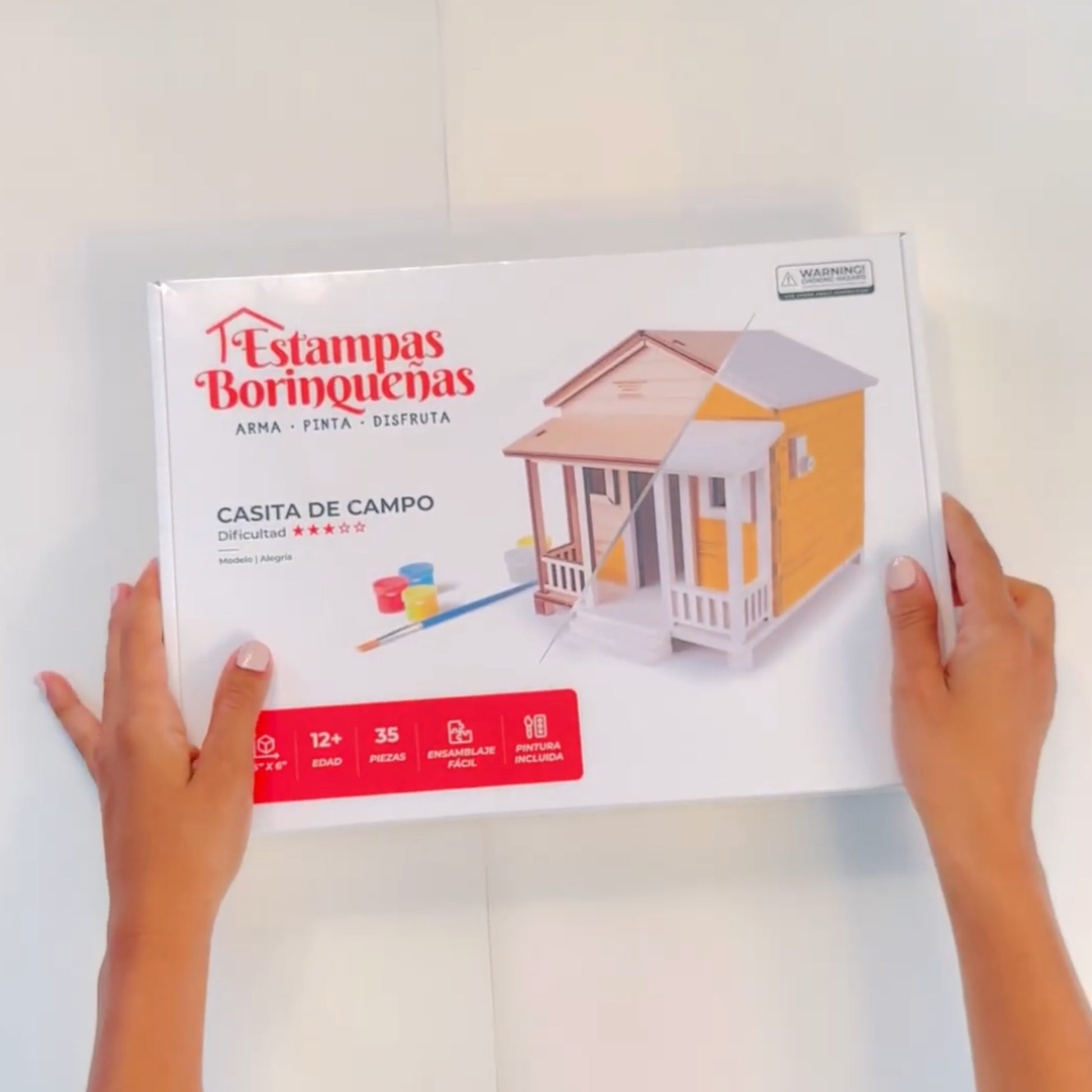 Video tutorial rápido mostrando el proceso de ensamblaje paso a paso de la maqueta Casita de Campo Alegría, desde las piezas de madera sueltas hasta la estructura completamente armada y lista para pintar.