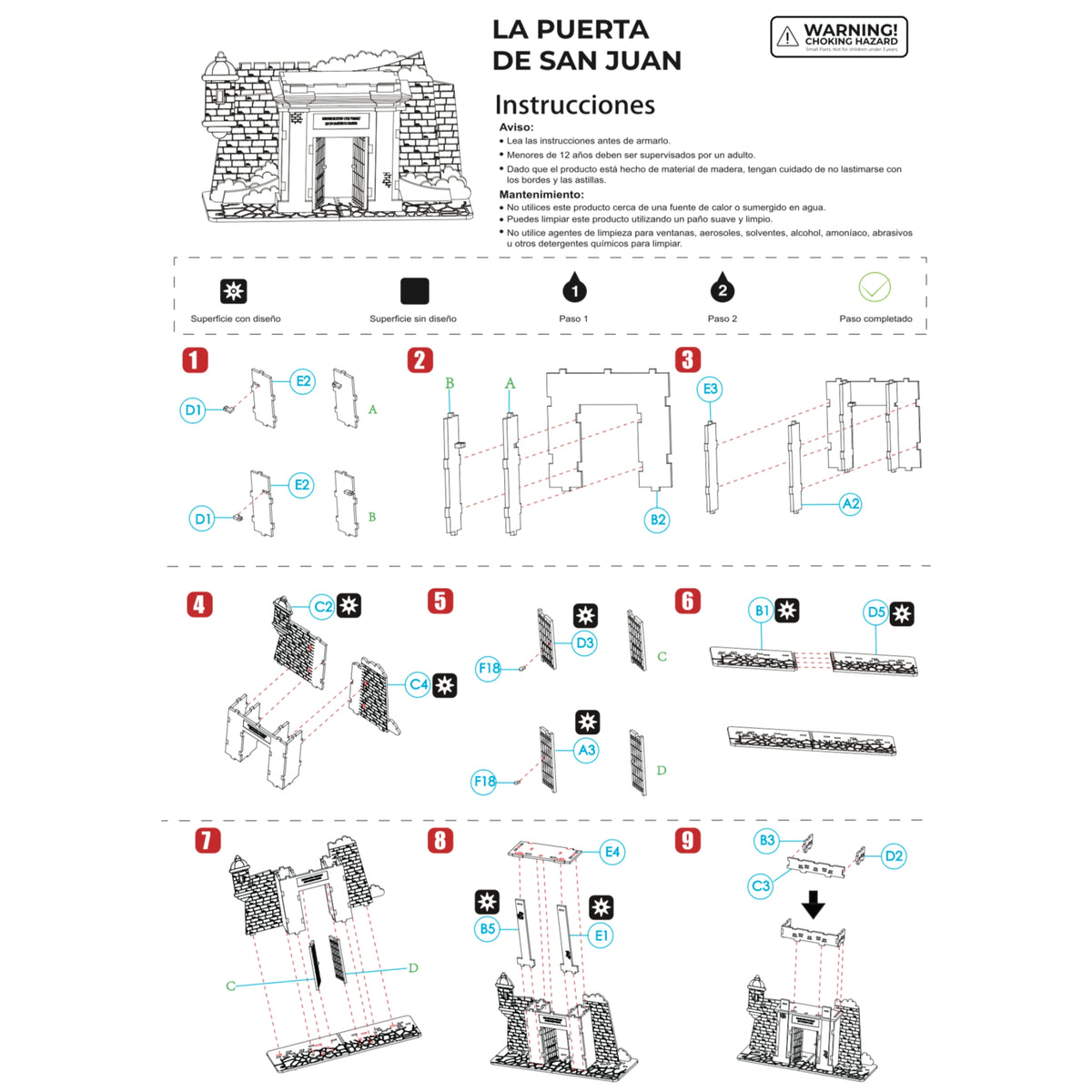 Fotografía de estudio de la primera página del manual de instrucciones de La Puerta de San Juan, mostrando los pasos ilustrados del 1 al 9 para ensamblar la base y el arco principal.