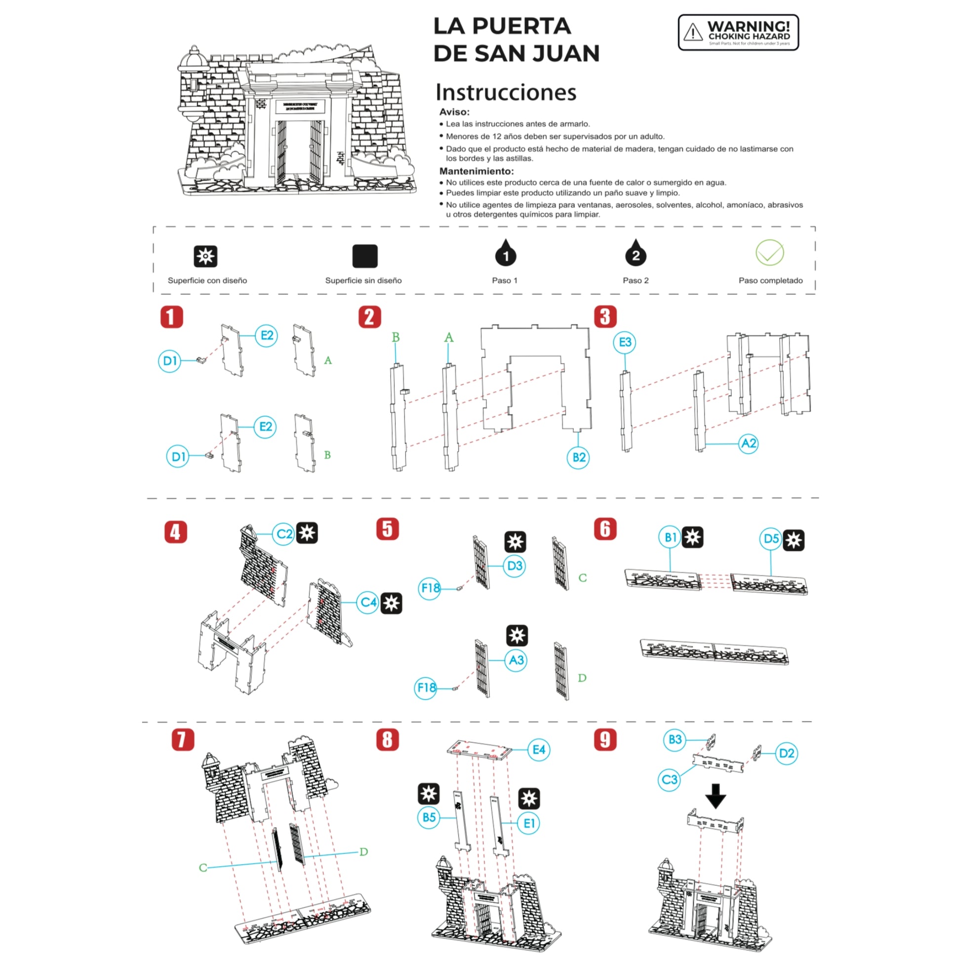 Fotografía de estudio de la primera página del manual de instrucciones de La Puerta de San Juan, mostrando los pasos ilustrados del 1 al 9 para ensamblar la base y el arco principal.