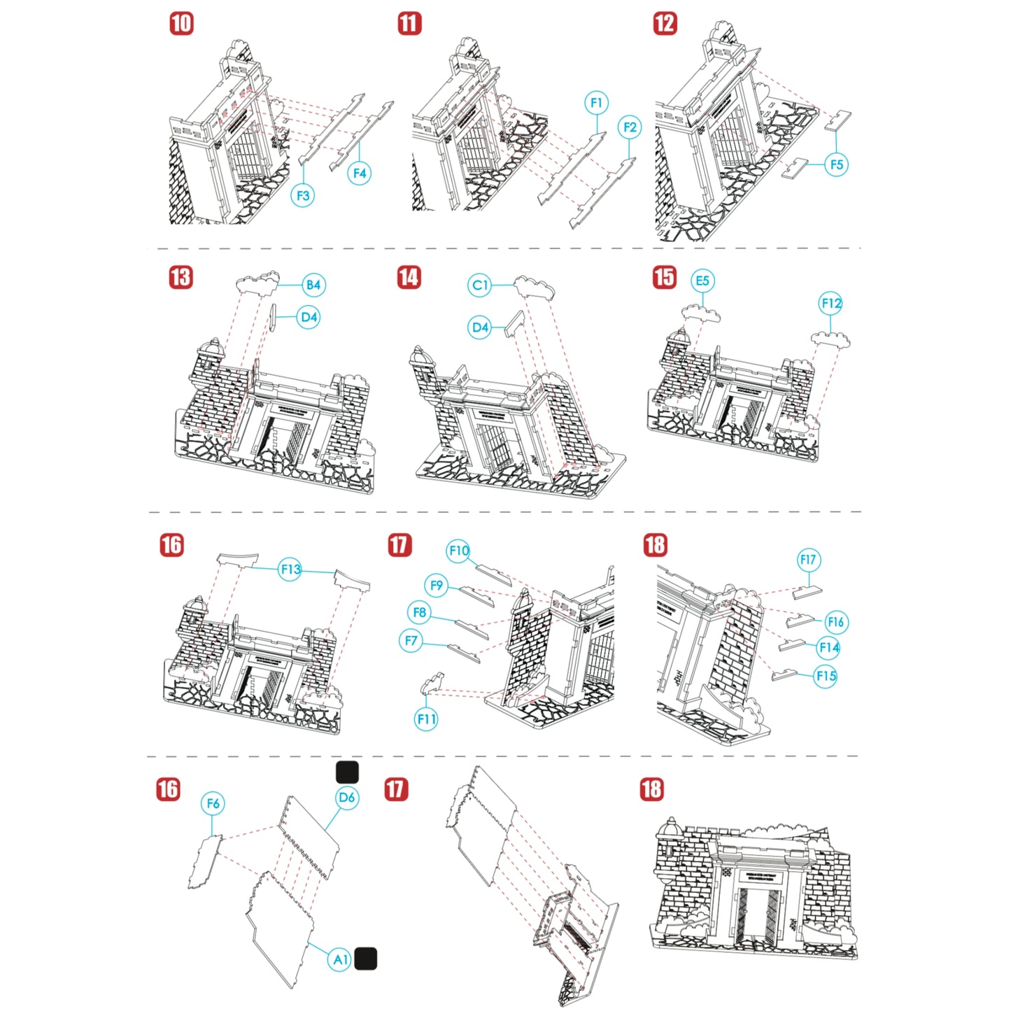 Fotografía de estudio de la segunda página del manual de instrucciones de La Puerta de San Juan, mostrando los pasos ilustrados del 10 al 18 para completar la garita y los detalles finales.