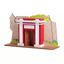 GIF animado de La Puerta de San Juan transformándose de su acabado natural de madera sin pintar a su versión final pintada en rojo, blanco y beige, mostrando el proceso creativo completo.