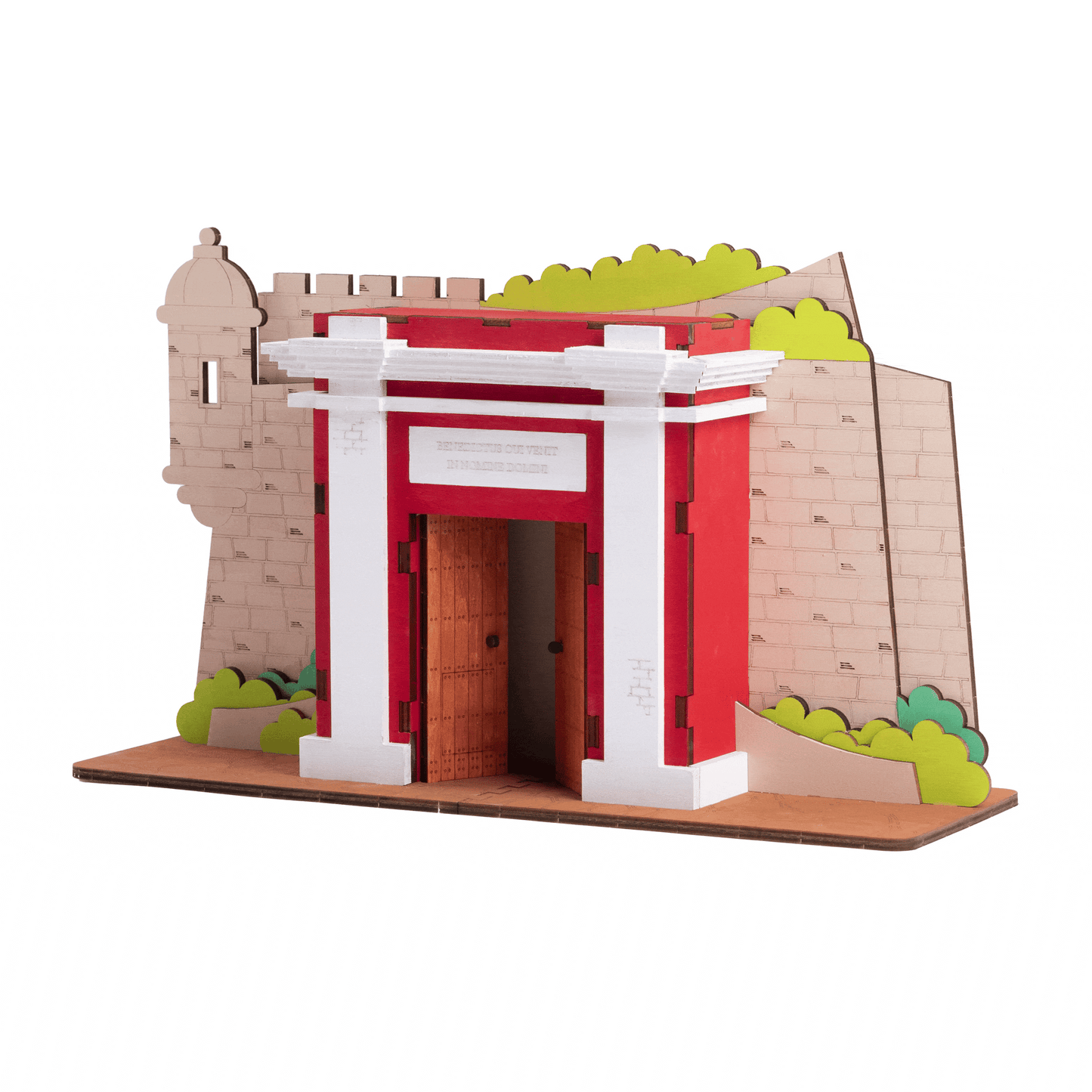 GIF animado de La Puerta de San Juan transformándose de su acabado natural de madera sin pintar a su versión final pintada en rojo, blanco y beige, mostrando el proceso creativo completo.