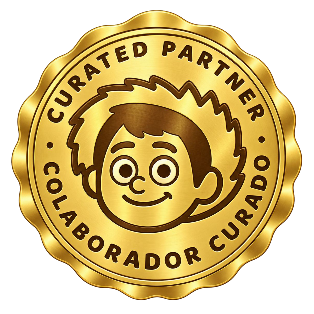Sello dorado de Colaborador Curado de Jibarito de la Cajita, con la cara del Jibarito y los textos "Curated Partner" y "Colaborador Curado".