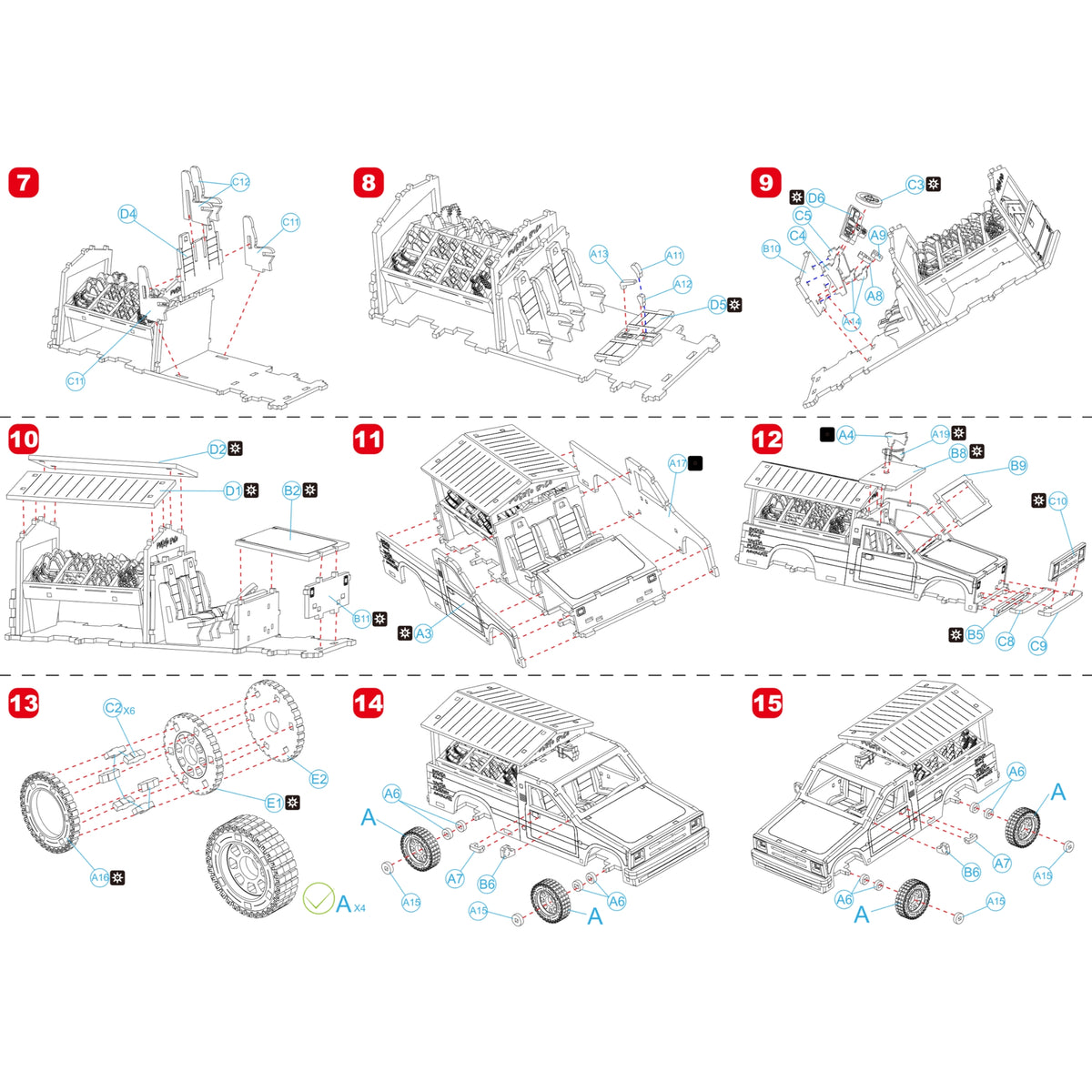 Fotografía de estudio de la segunda página del manual de instrucciones de El Verdurero Boricua, mostrando los pasos ilustrados del 7 al 15 para completar la cabina, el chasis y las ruedas del camión.