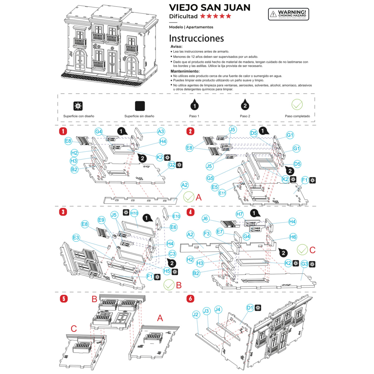 Fotografía de estudio de la primera página del manual de instrucciones de El Viejo San Juan Modelo Apartamentos, mostrando los pasos ilustrados del 1 al 6 para ensamblar la base y las paredes principales.