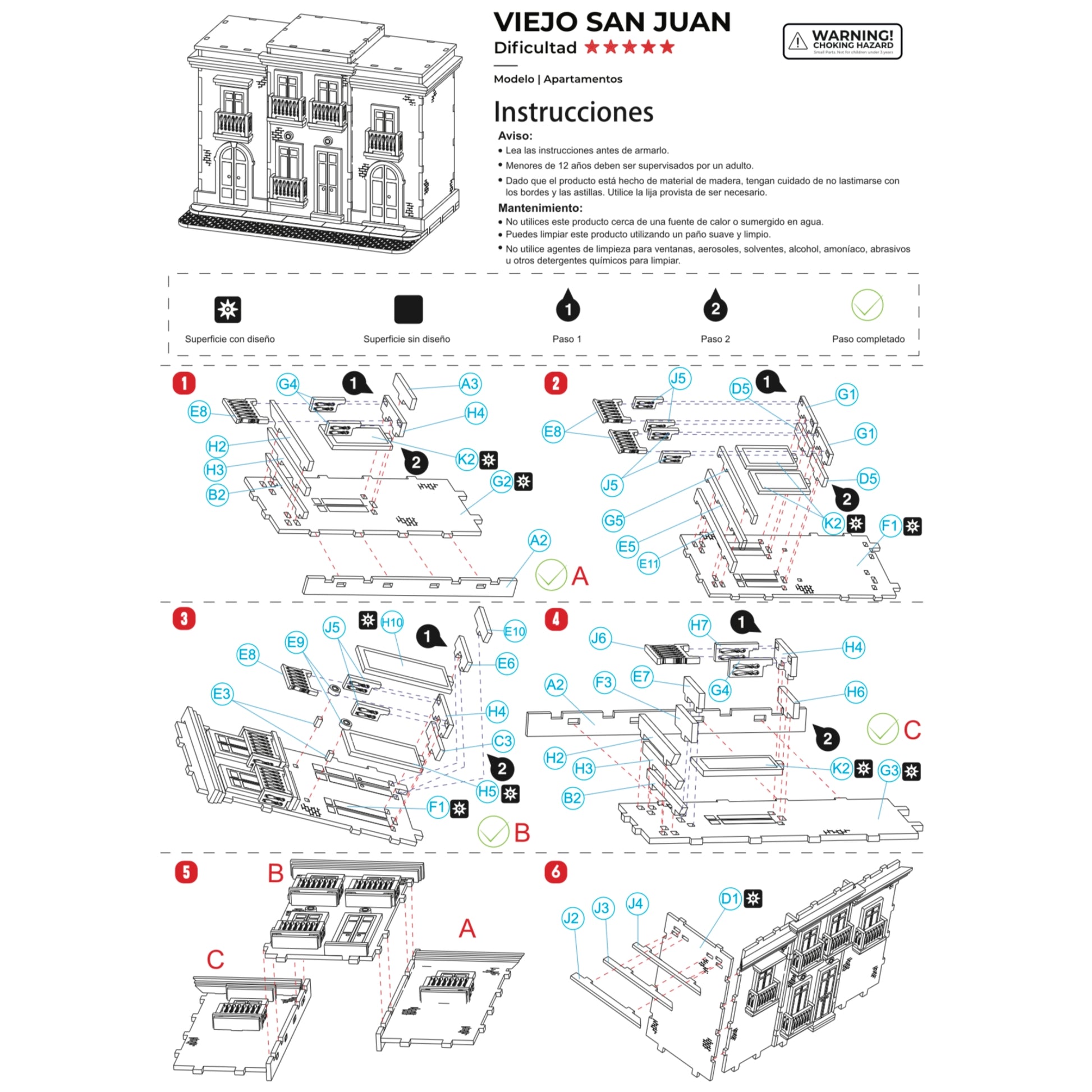 Fotografía de estudio de la primera página del manual de instrucciones de El Viejo San Juan Modelo Apartamentos, mostrando los pasos ilustrados del 1 al 6 para ensamblar la base y las paredes principales.