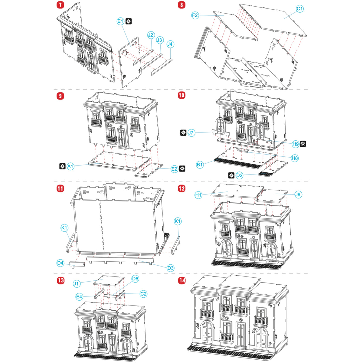 Fotografía de estudio de la segunda página del manual de instrucciones de El Viejo San Juan Modelo Apartamentos, mostrando los pasos ilustrados del 7 al 14 para completar el techo, los balcones y la fachada final.