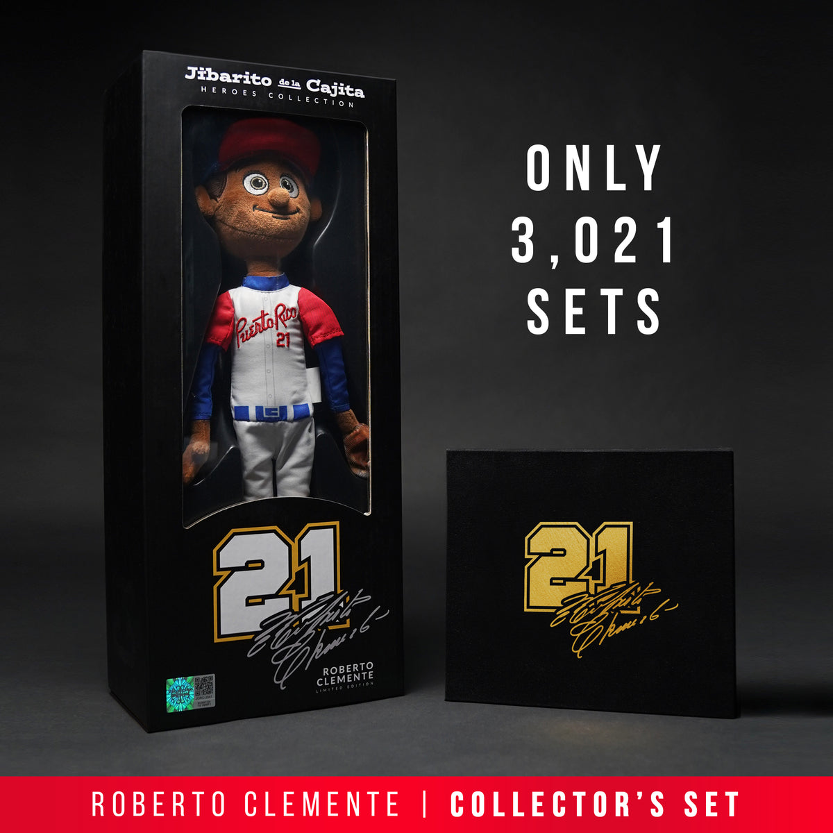 Roberto Clemente Collector's Set with boxed plush in a Puerto Rico number 21 jersey next to The Great One book